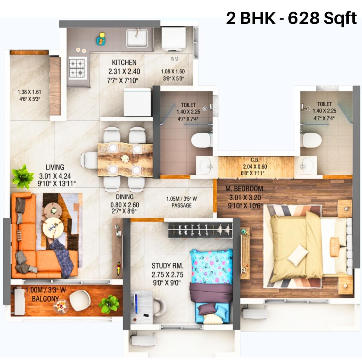 Dosti-West-County-Olive-Wing-B-Floor-Plan-2-BHK-628-sqft