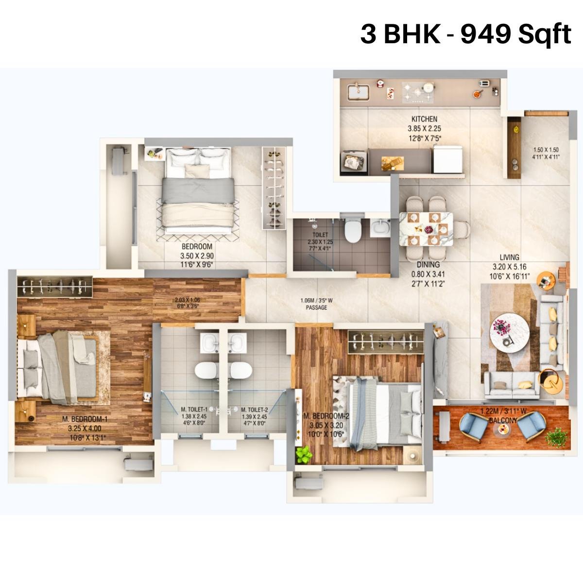 Dosti-West-County-Olive-Wing-B-Floor-Plan-3-BHK-949-sqft