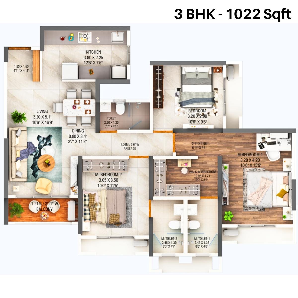 Dosti-West-County-Olive-Wing-B-Floor-Plan-3-BHK-1022-sqft